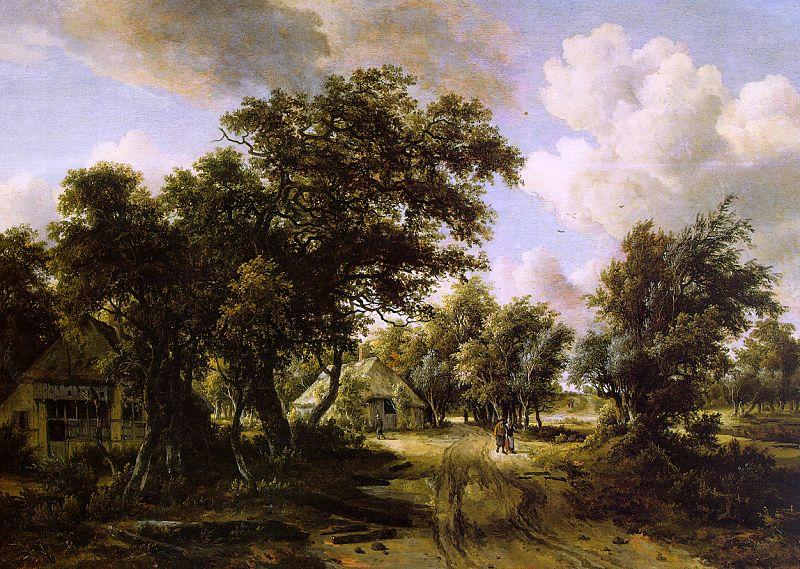 Meindert Hobbema Cottages Beside a Track Through a Wood